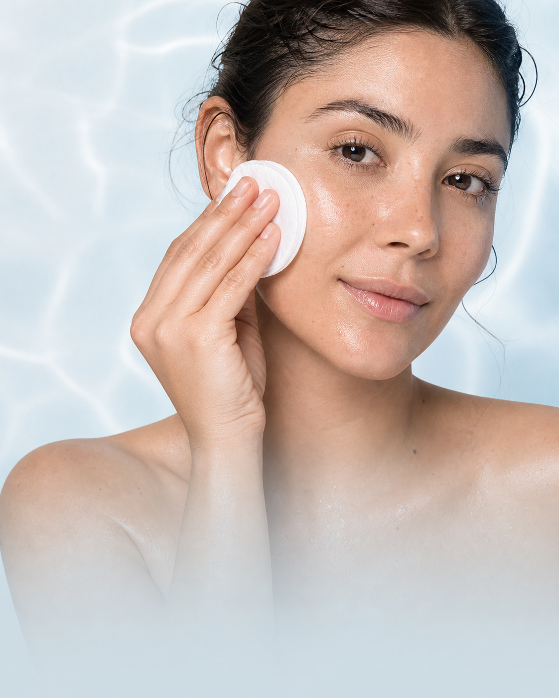 Mujer limpiando suavemente su rostro con un disco de algodón y agua micelar