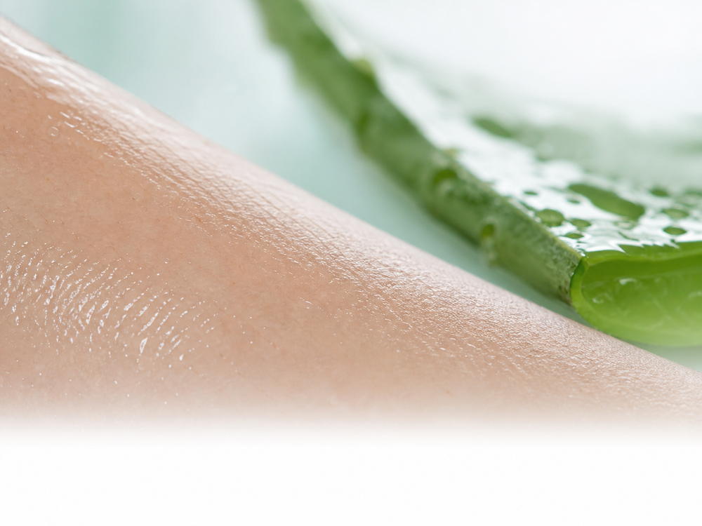 Piel fresca junto a una hoja de aloe vera