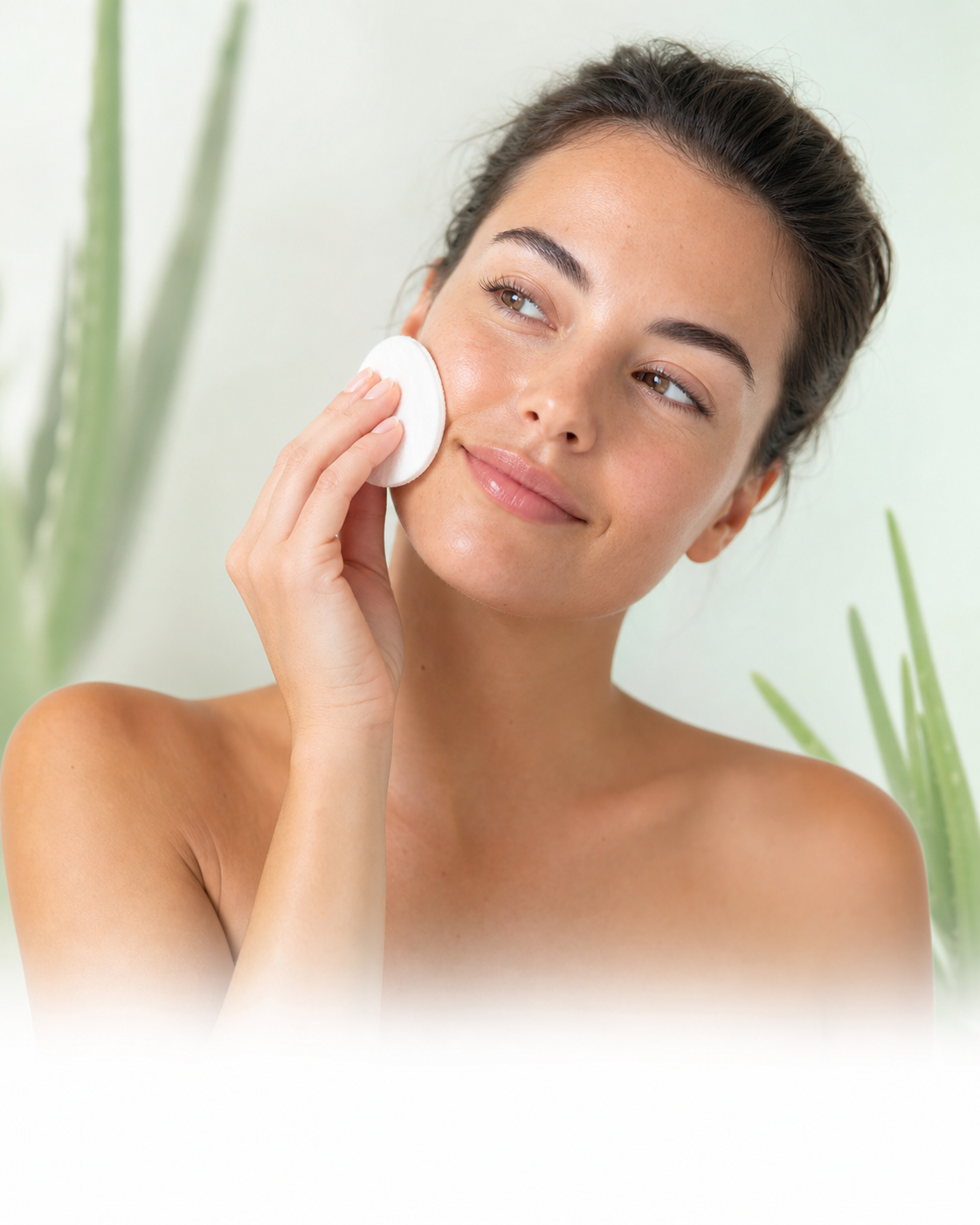 Mujer limpiando suavemente su rostro con agua micelar de aloe vera