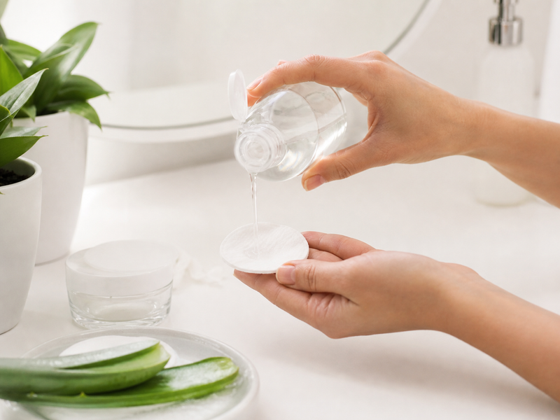 Agua micelar vertida sobre algodón con aloe vera
