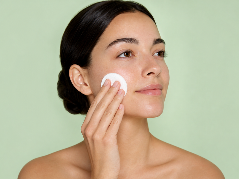 Mujer limpiando el rostro suavemente con algodón