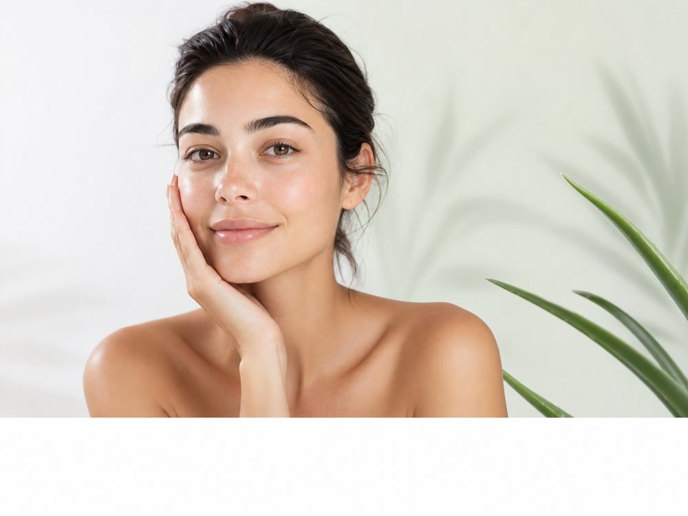 Mujer con piel limpia y confortable junto a aloe vera