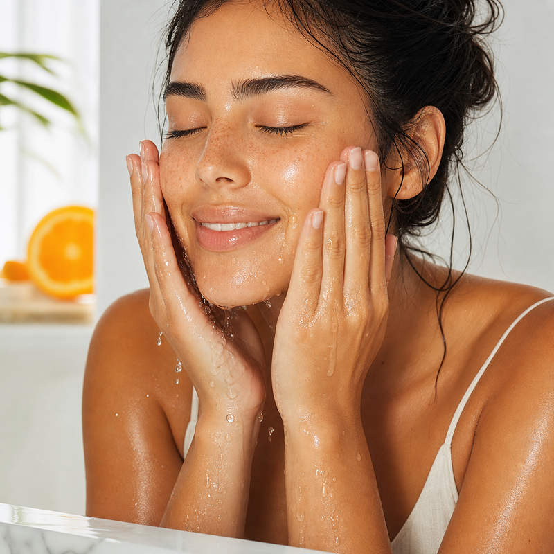 Humedecer el rostro antes del limpiador de vitamina C